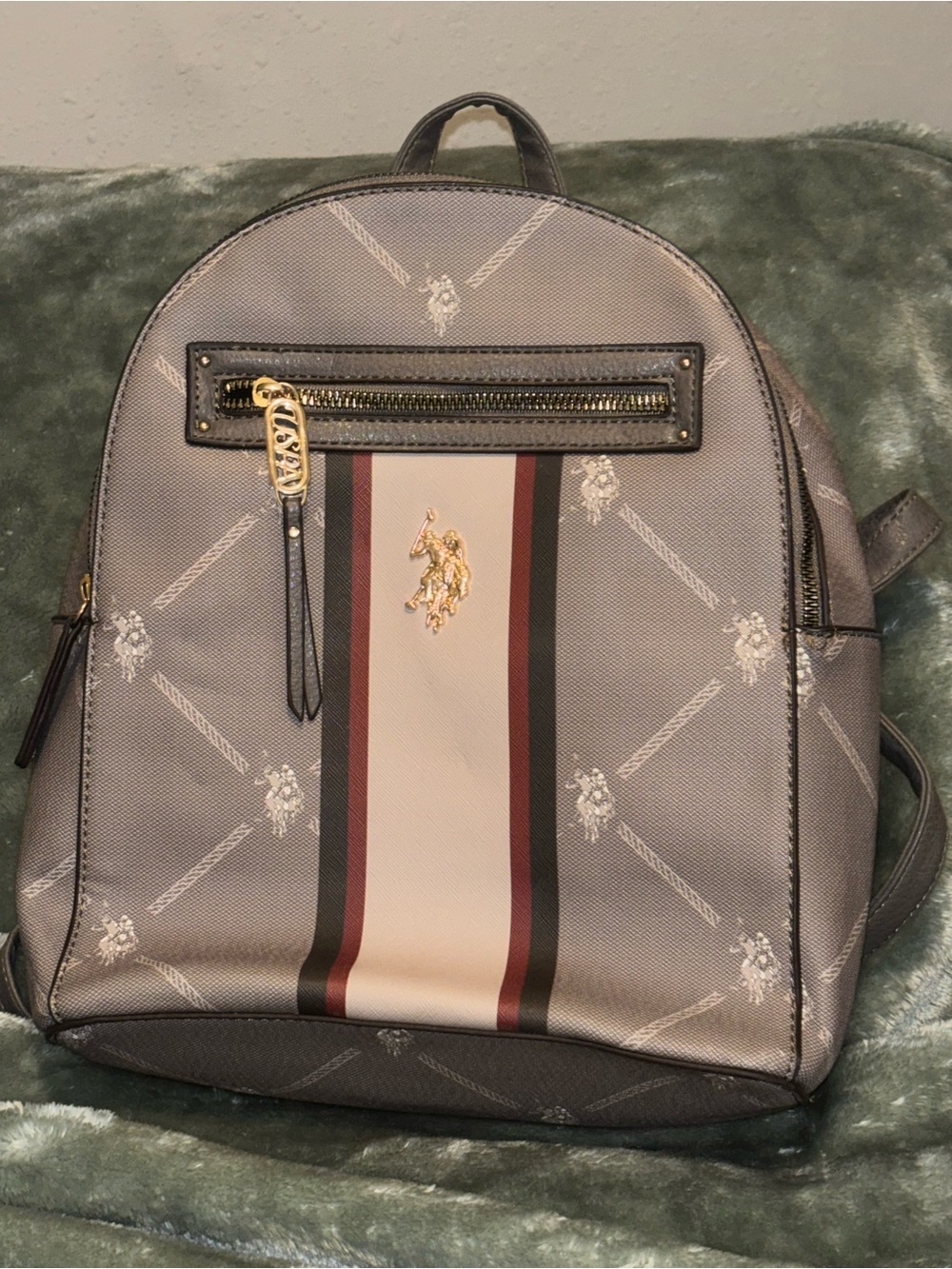 U.S. Polo Assn. Gray Backpack with Cream and Burgundy Stripe